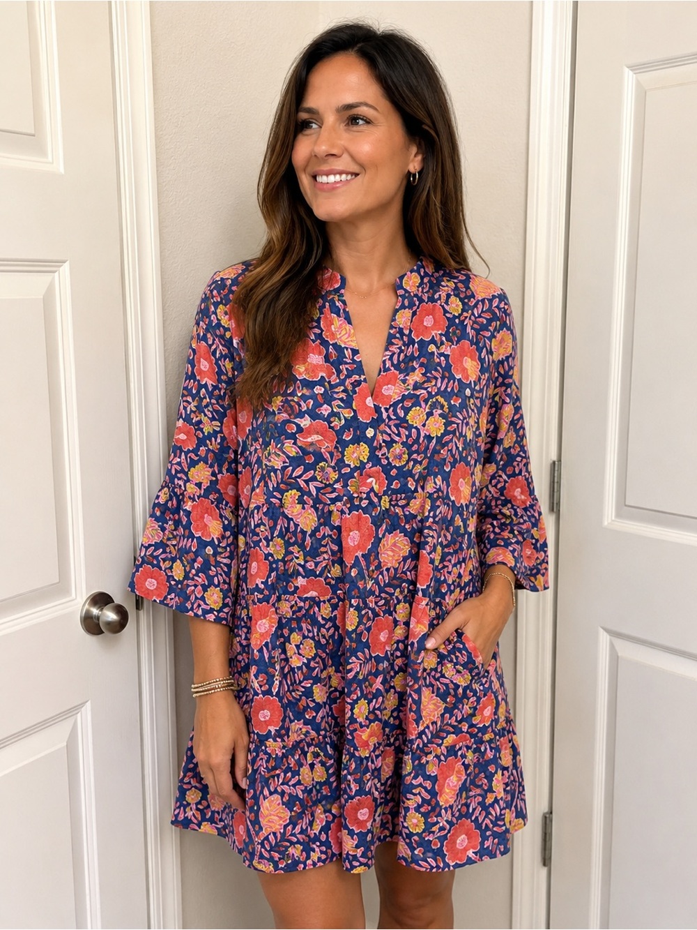Liza Byrd Cotton Floral Swing Design Lightweight Bell Sleeve Flowy